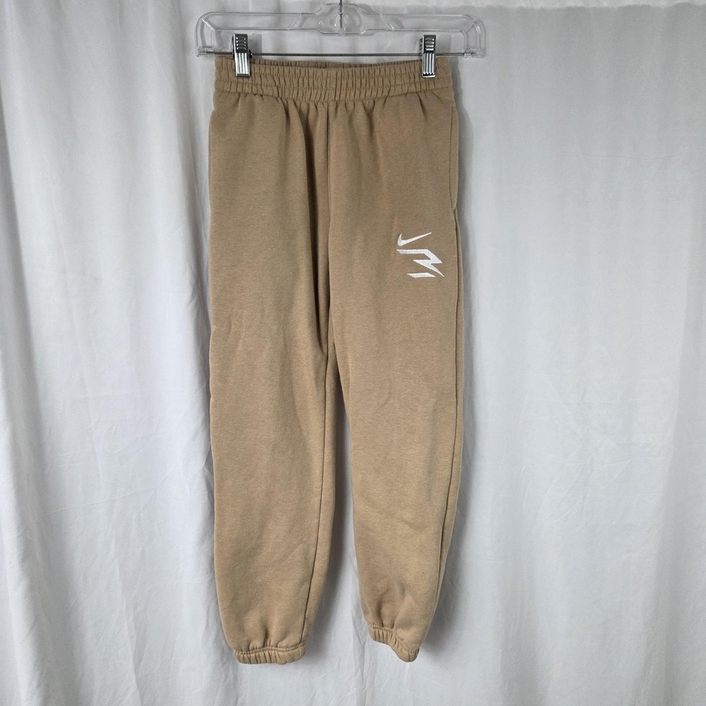 Nike Pants Kids 10-12 Beige Fleece Pull On 3 Brand Logo Ankle Sweatpants Youth